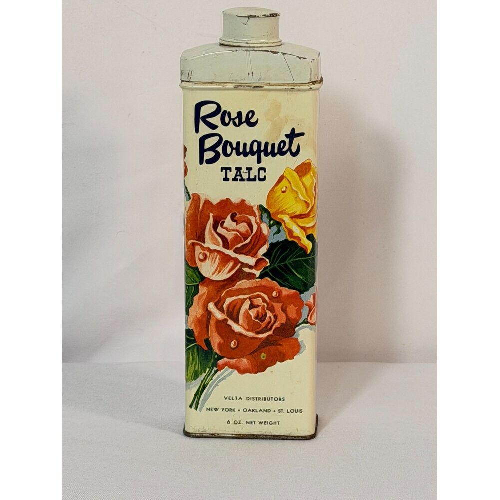 VTG Rose Bouquet Talc Metal Canister with Lid Roses Floral Boudoir 1940s 1950s